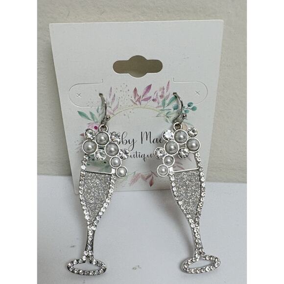 Sparkly Rhinestone Champagne Glass Earrings – Pearl & Crystal Dangle Statement - Picture 1 of 3